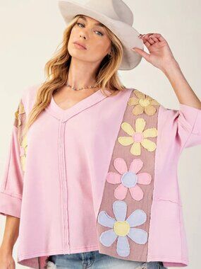 EASEL Flower Patch Terry Knit Top, Pullover, Malibu Pink, NWT
